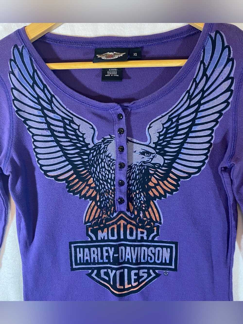 Harley-Davidson Women's Purple Long Sleeve Henley with Eagle Graphic Size XS - Picture 2 of 10